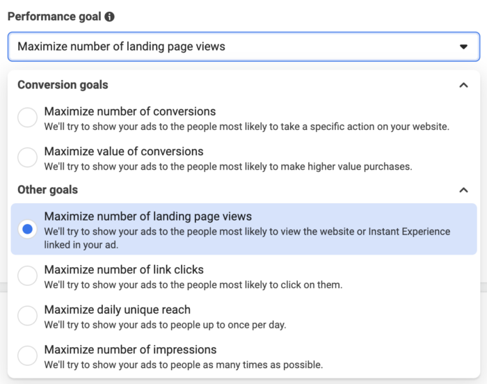 Performance Goal - Landing Page Views